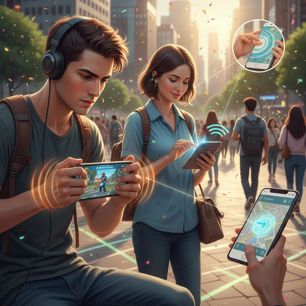 Diverse individuals experiencing various haptic feedback applications on mobile devices.