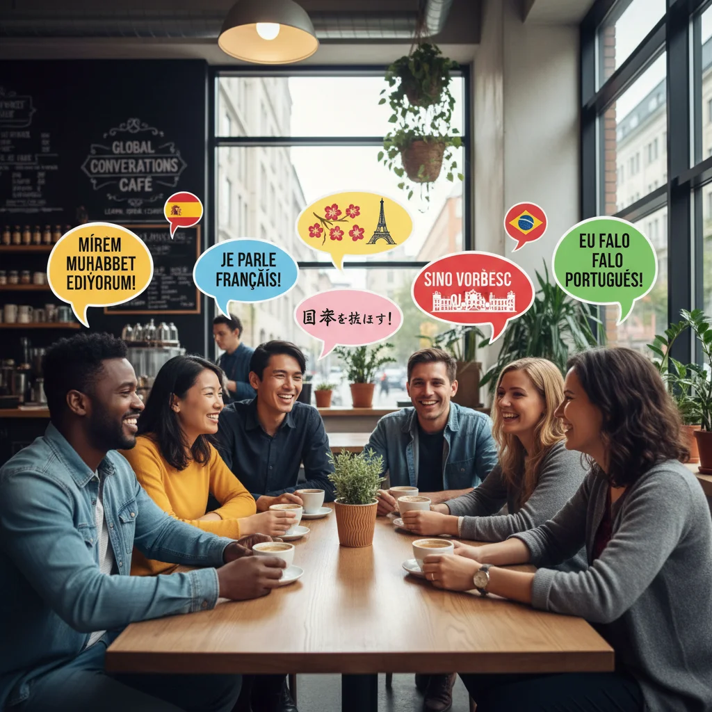 Diverse US learners confidently conversing in a foreign language in a cafe setting.