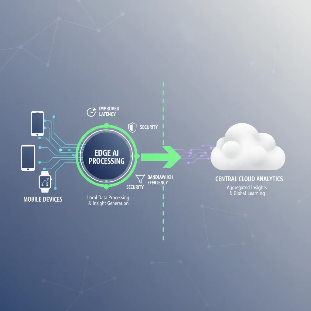 Infographic illustrating data flow with Edge AI, showing local processing on devices before cloud integration for efficiency.