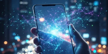 Futuristic smartphone processing data with Edge AI, showing glowing connections in a city setting.