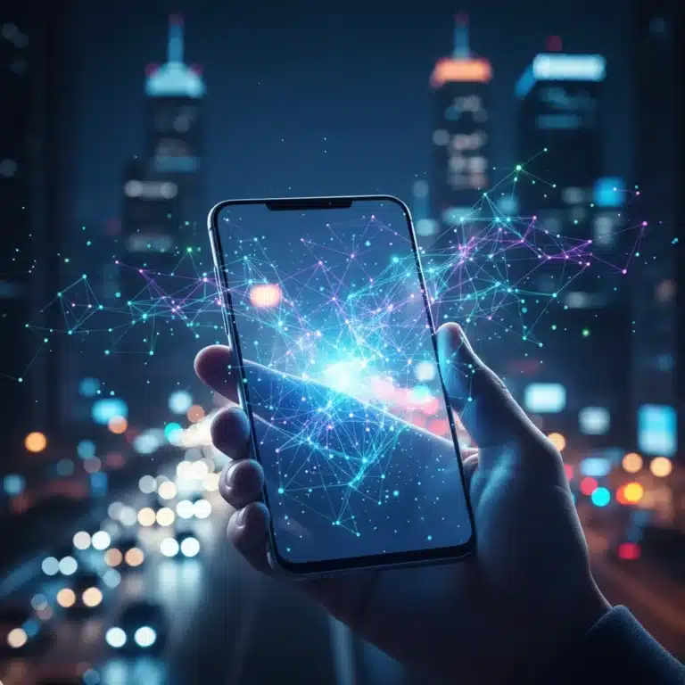 Futuristic smartphone processing data with Edge AI, showing glowing connections in a city setting.