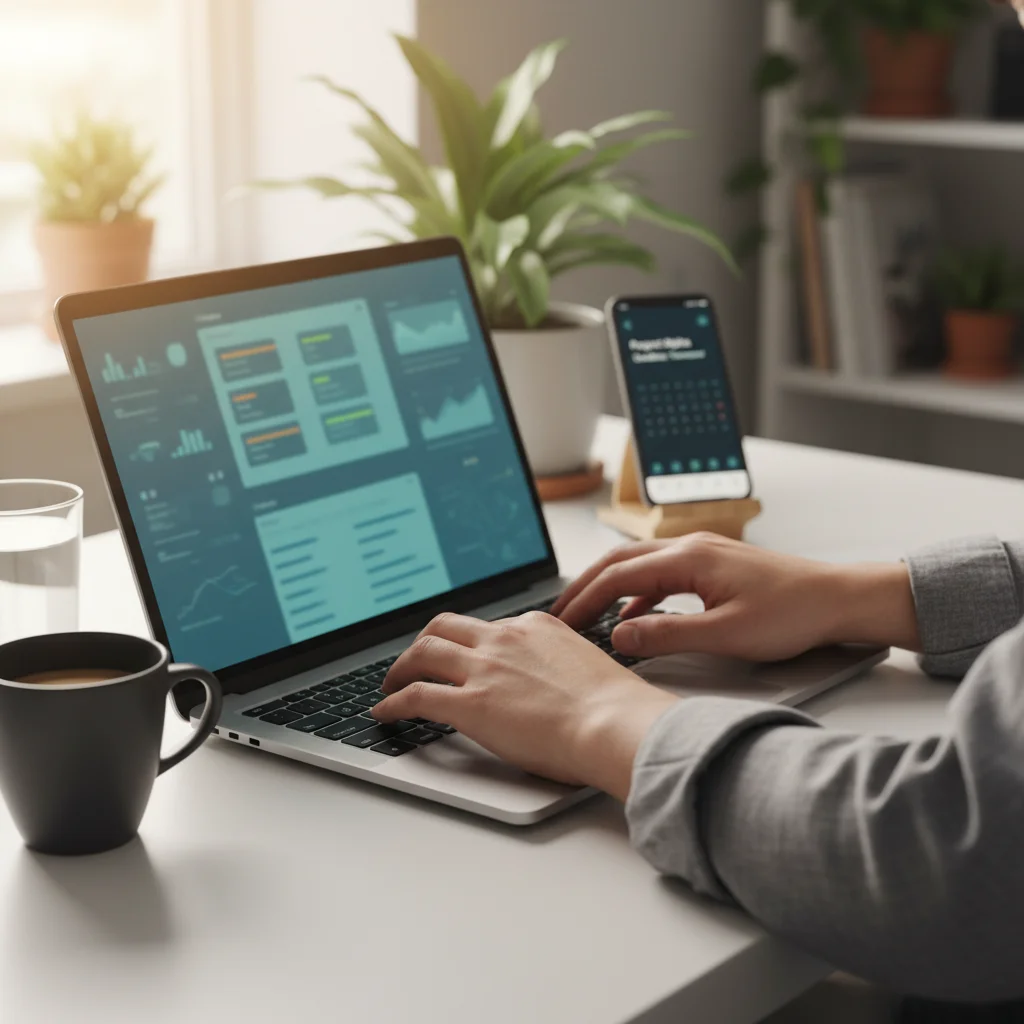 Efficient typing on a laptop, demonstrating seamless workflow with a project management app.