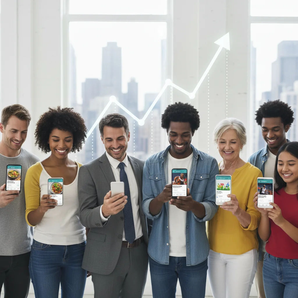Diverse US users happily engaging with personalized mobile app content, signifying improved retention.