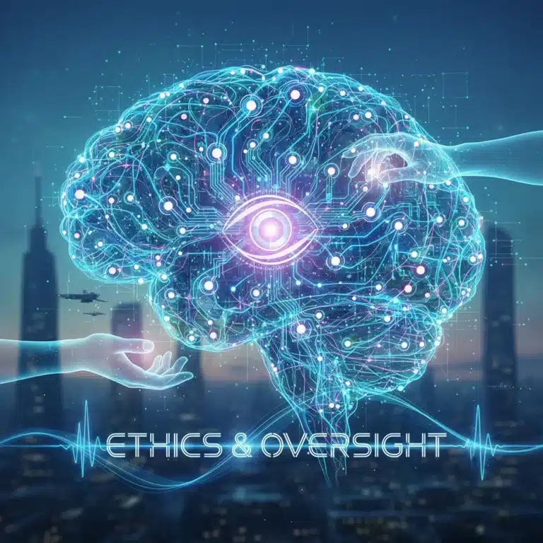 Abstract depiction of ethical AI development with interconnected circuits and human figures