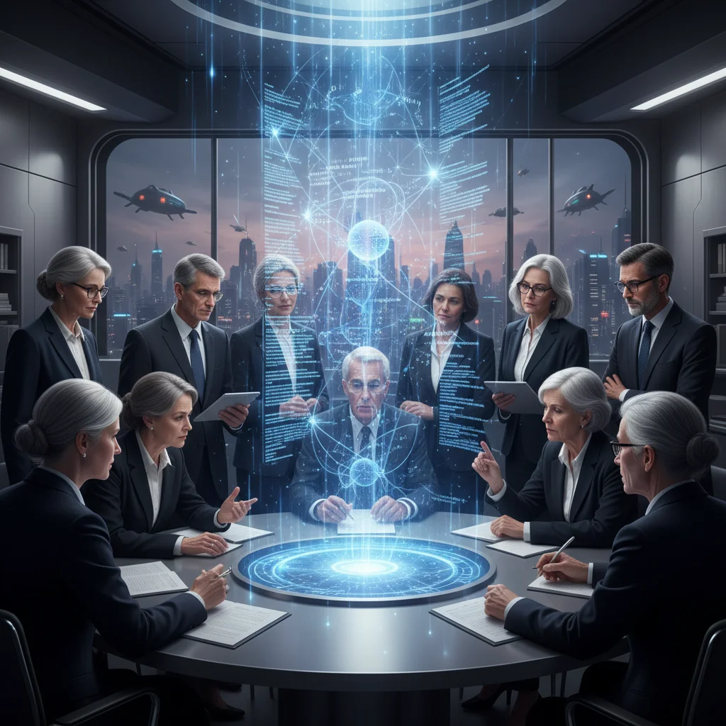 Experts debating ethical considerations of neurotechnology with holographic displays.