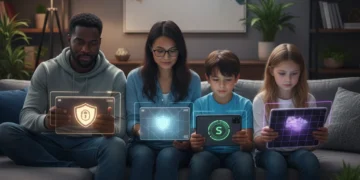 Family using parental control apps on digital devices in 2026