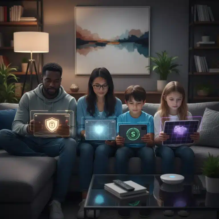 Family using parental control apps on digital devices in 2026