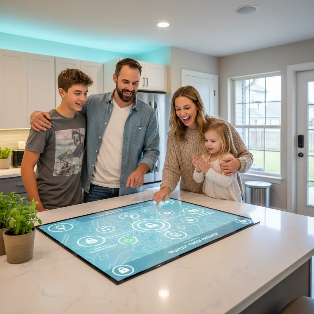 American family using a smart home hub for unified device control in their kitchen.