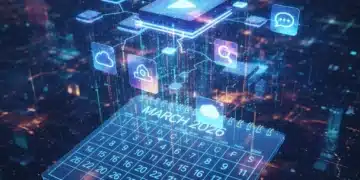 Futuristic digital landscape with glowing AI nodes and app icons for March 2026