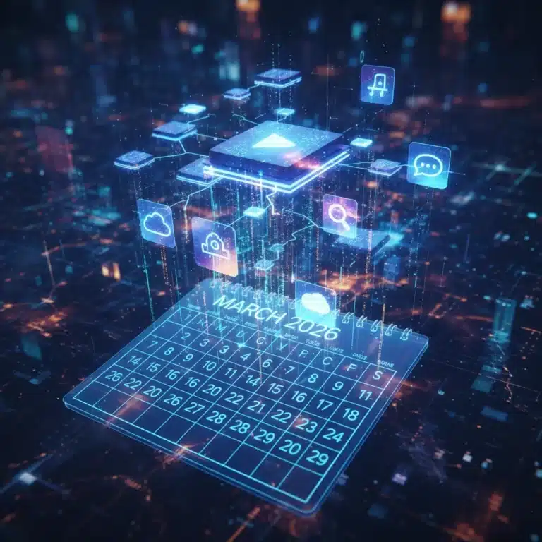 Futuristic digital landscape with glowing AI nodes and app icons for March 2026