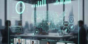 Futuristic CRM dashboard with AI insights and interconnected tools for US sales efficiency