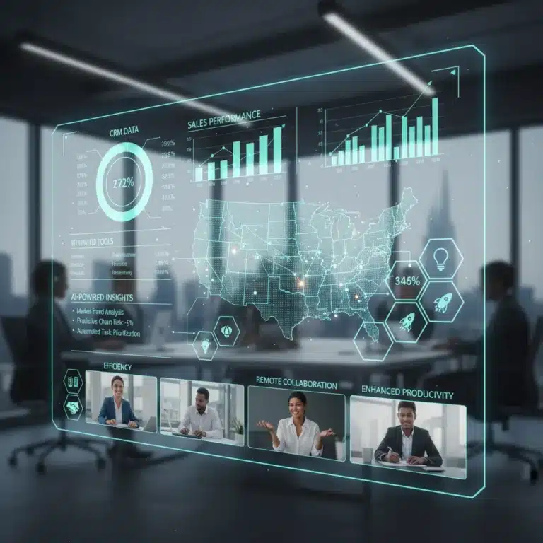 Futuristic CRM dashboard with AI insights and interconnected tools for US sales efficiency