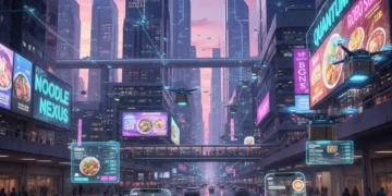 Futuristic food delivery drones over a city skyline at dusk