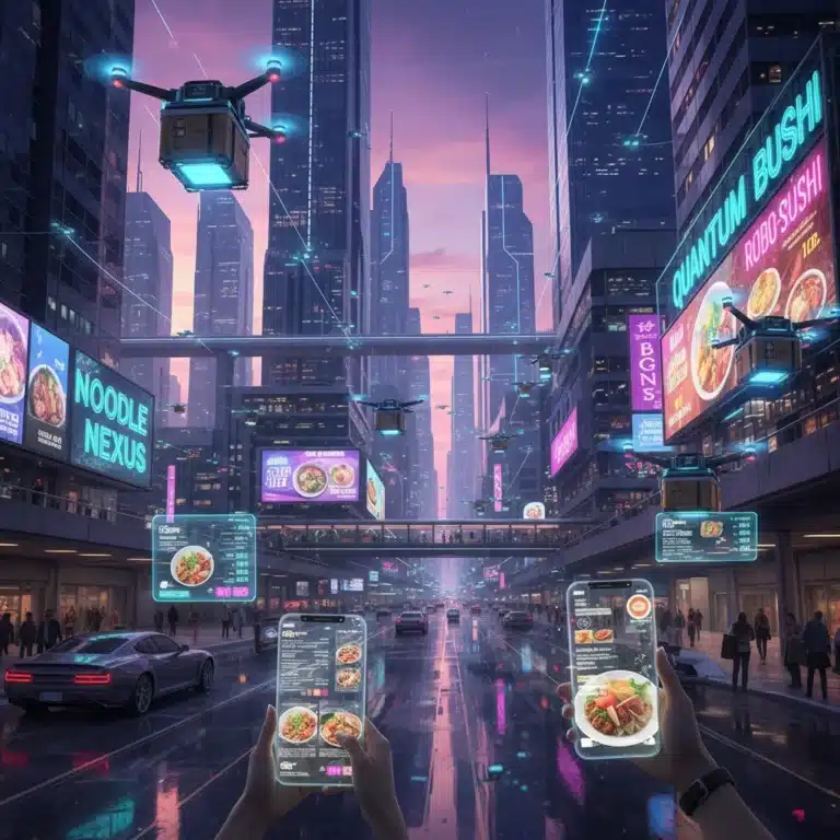 Futuristic food delivery drones over a city skyline at dusk