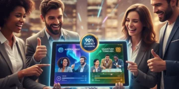 Futuristic language learning apps interface on a tablet, showing diverse US users achieving 90% fluency.