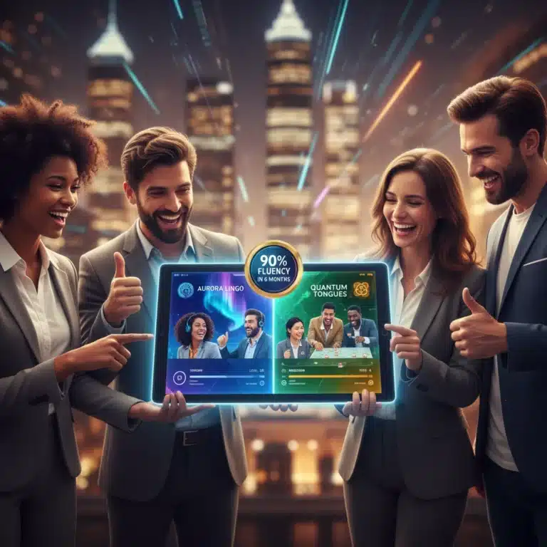 Futuristic language learning apps interface on a tablet, showing diverse US users achieving 90% fluency.
