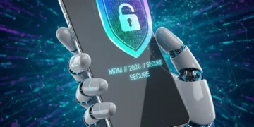Futuristic hand holding smartphone with holographic security shield, representing advanced MDM for personal device protection.