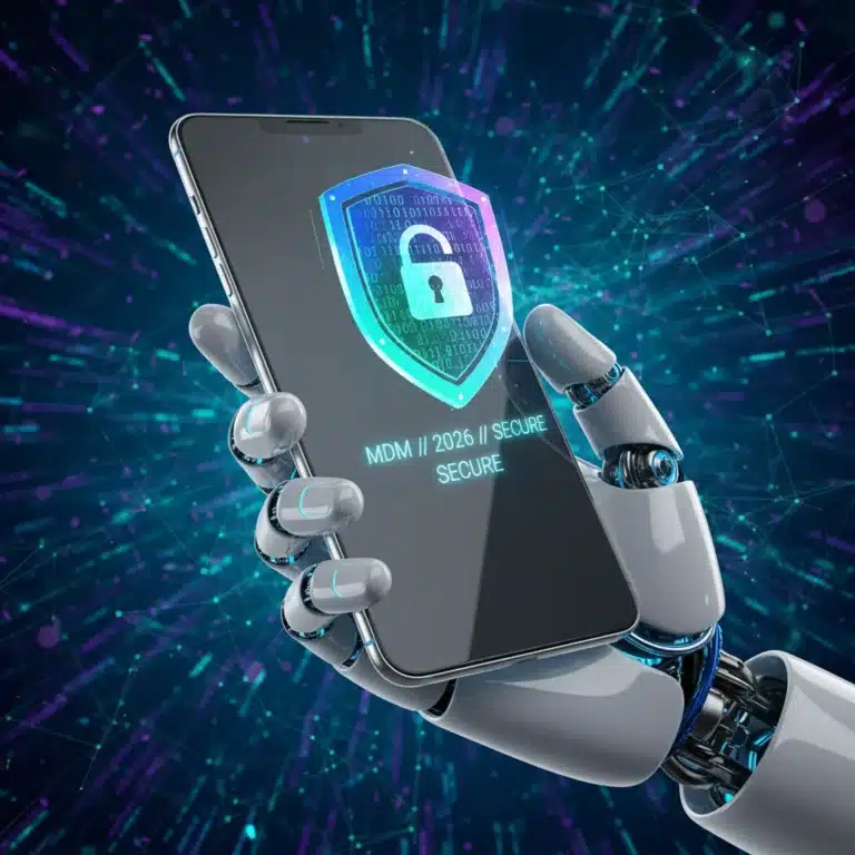 Futuristic hand holding smartphone with holographic security shield, representing advanced MDM for personal device protection.