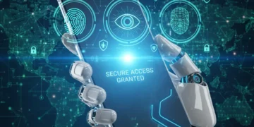Futuristic smartphone displaying advanced mobile authentication methods