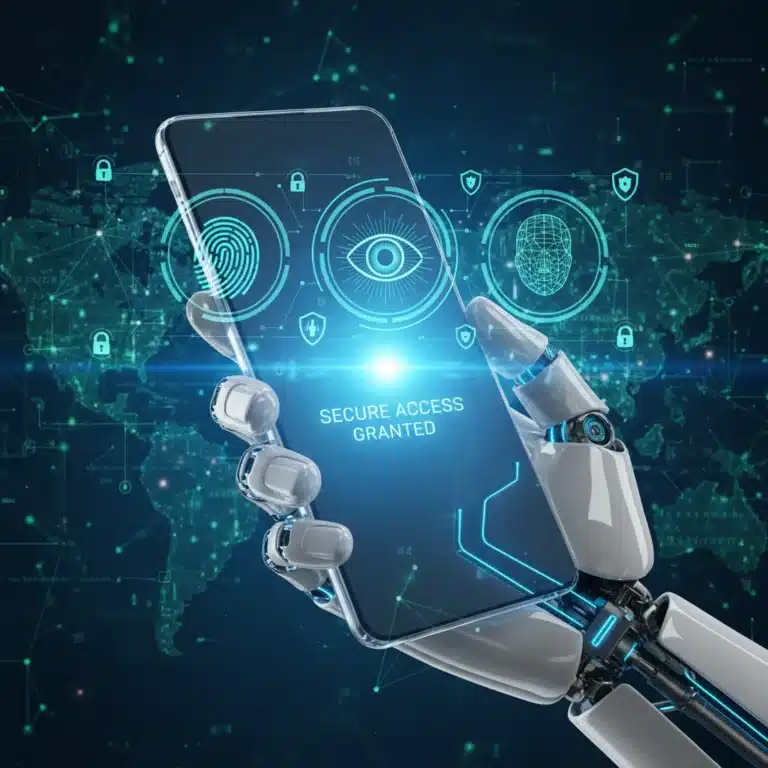 Futuristic smartphone displaying advanced mobile authentication methods