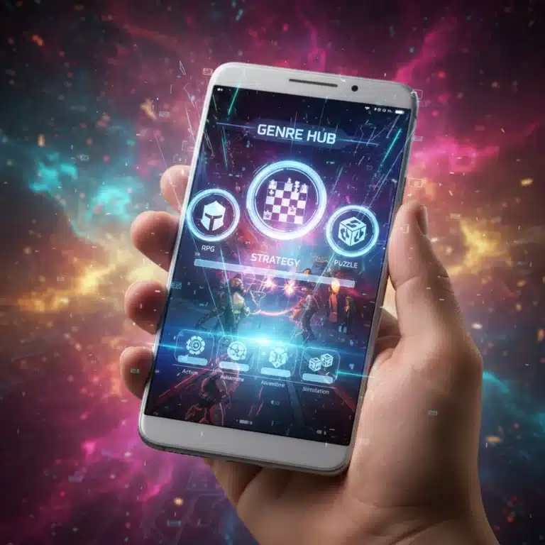 Futuristic mobile gaming interface with diverse game genres and a hand holding a smartphone.