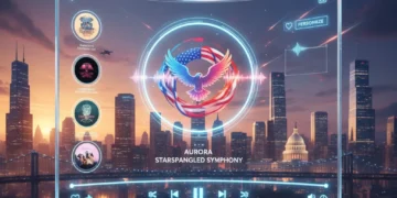Futuristic music streaming interface with holographic elements and city skyline backdrop.