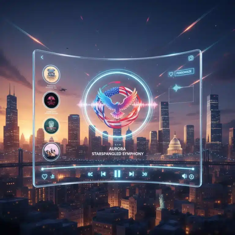 Futuristic music streaming interface with holographic elements and city skyline backdrop.