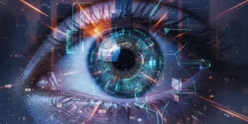 Futuristic eye with neural interface overlay, representing advanced neurotechnology.