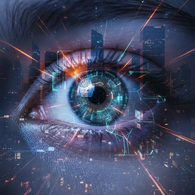 Futuristic eye with neural interface overlay, representing advanced neurotechnology.