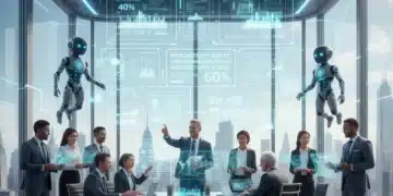 Futuristic office with US professionals using AI for enhanced productivity