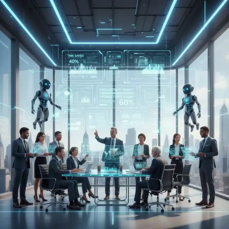 Futuristic office with US professionals using AI for enhanced productivity