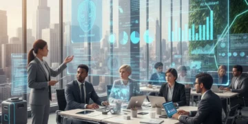 AI Productivity Tools for US Professionals: Boost Efficiency by 25% in 2026 Futuristic office with US professionals using AI productivity tools