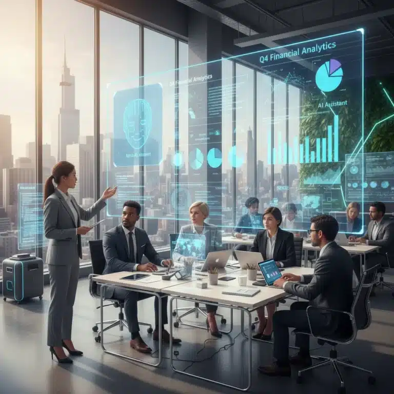 Futuristic office with US professionals using AI productivity tools