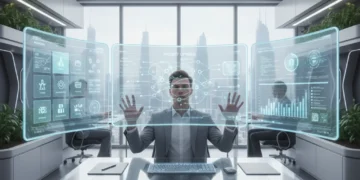 Futuristic office setting with person optimizing workflow using advanced productivity apps