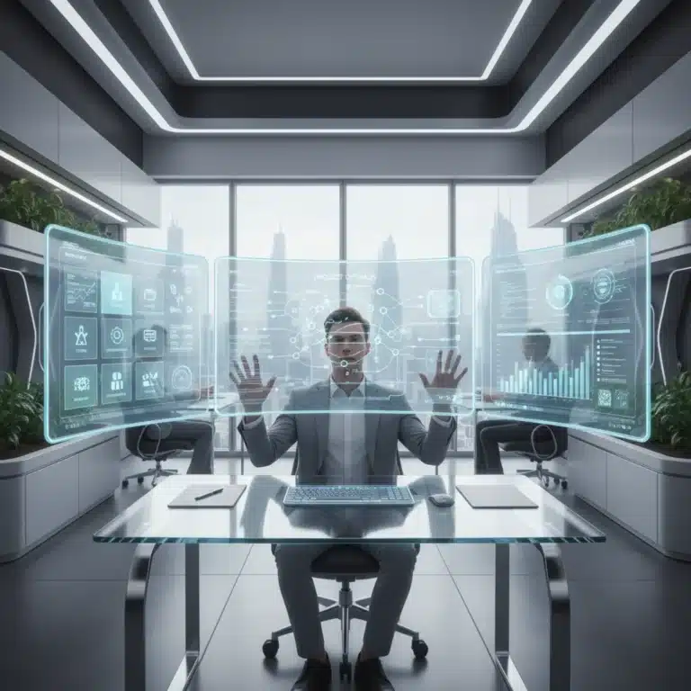 Futuristic office setting with person optimizing workflow using advanced productivity apps