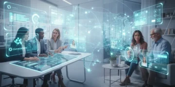 Futuristic remote and hybrid team collaborating on digital platforms in 2026