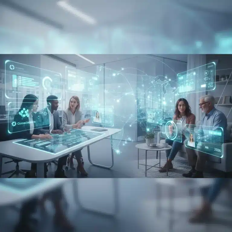 Futuristic remote and hybrid team collaborating on digital platforms in 2026