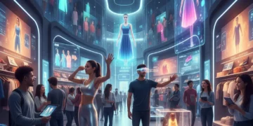 Futuristic retail store with customers using augmented reality for shopping