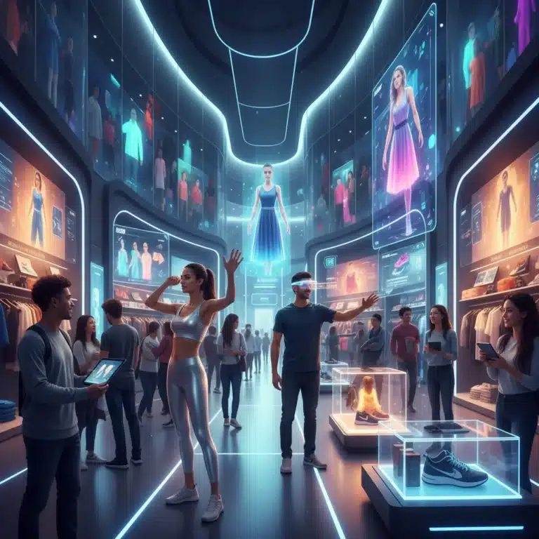 Futuristic retail store with customers using augmented reality for shopping