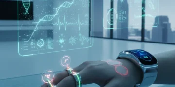 Futuristic smart devices on a hand, displaying health data projections