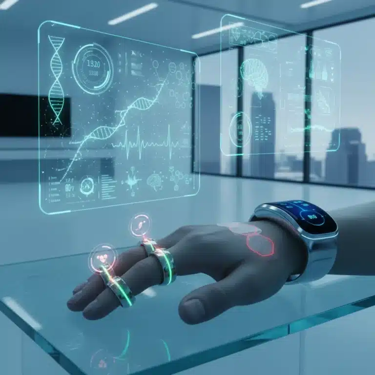 Futuristic smart devices on a hand, displaying health data projections