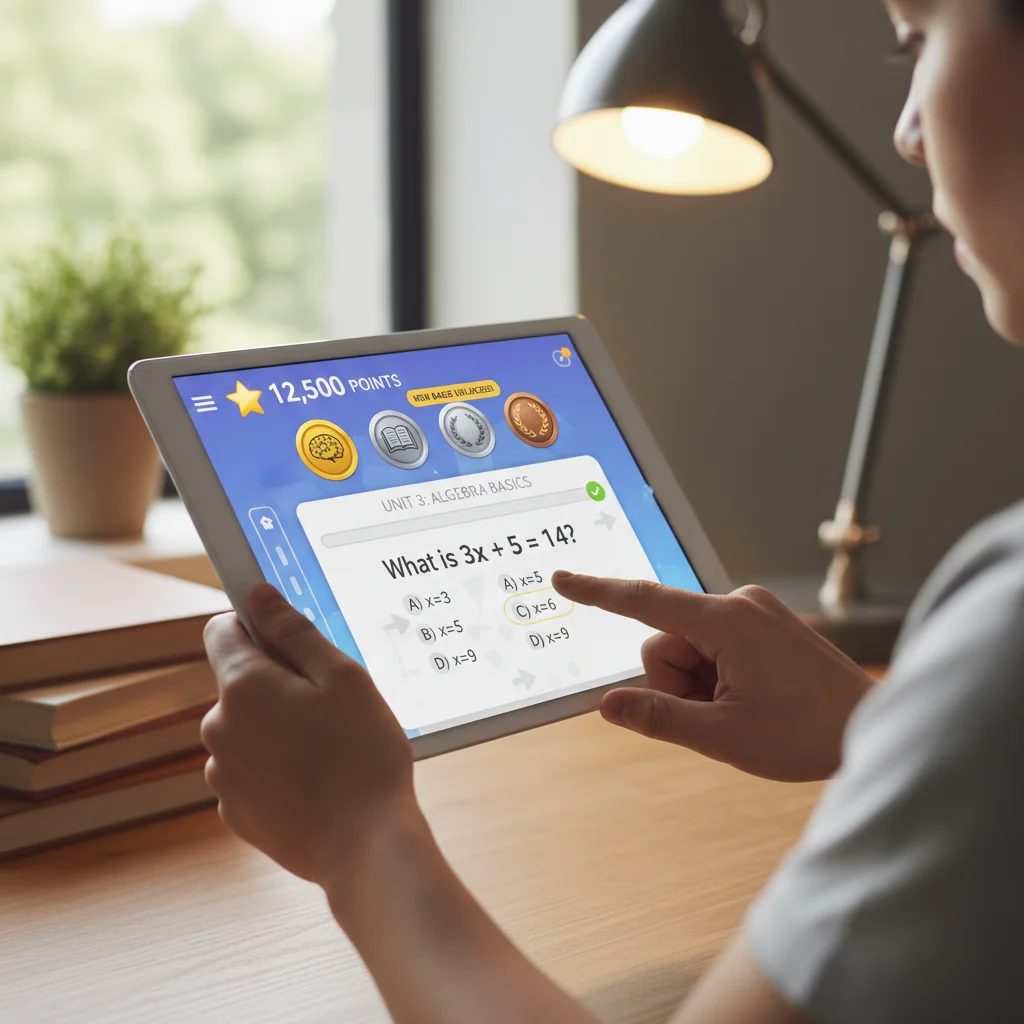 Student's hands engaging with a gamified learning app on a tablet, showcasing interactive educational content.