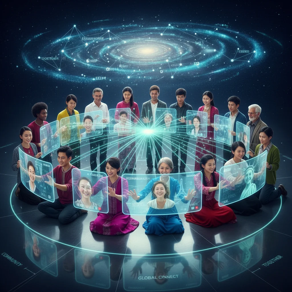 Diverse group connecting virtually through holographic screens, illustrating global social media community.
