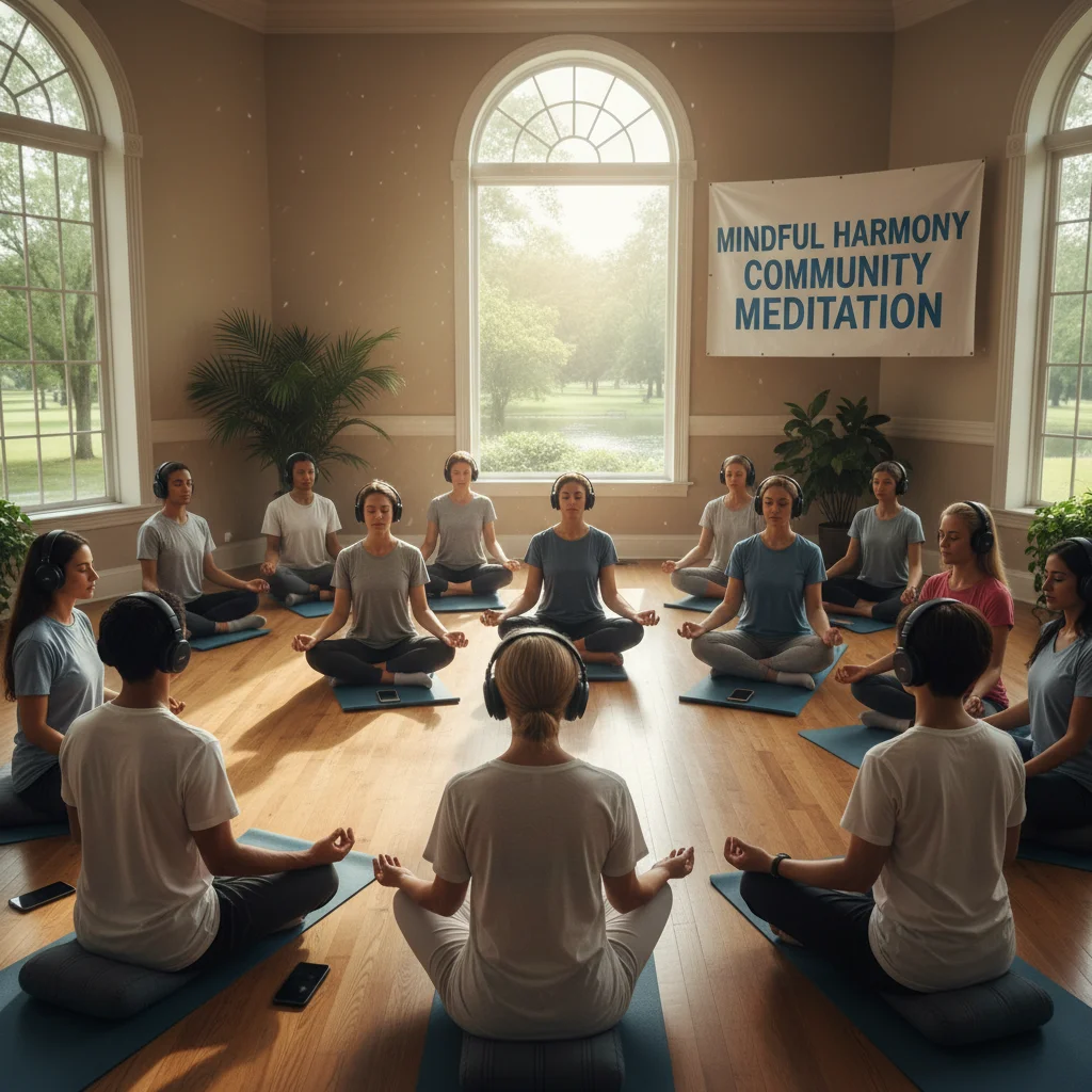 Diverse American group meditating together, implied use of meditation apps for collective wellness.