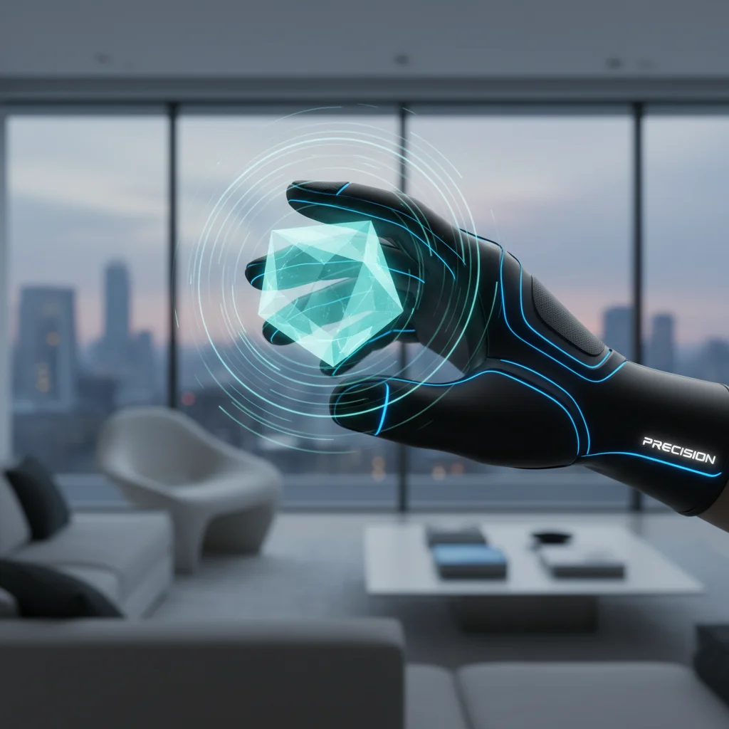 Hand with haptic glove interacting with holographic interface, showing precise feedback.