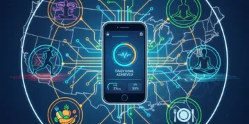 Futuristic health and fitness app interface on a smartphone, showing data integration and wellness activities in the US.