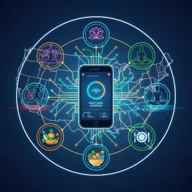 Futuristic health and fitness app interface on a smartphone, showing data integration and wellness activities in the US.