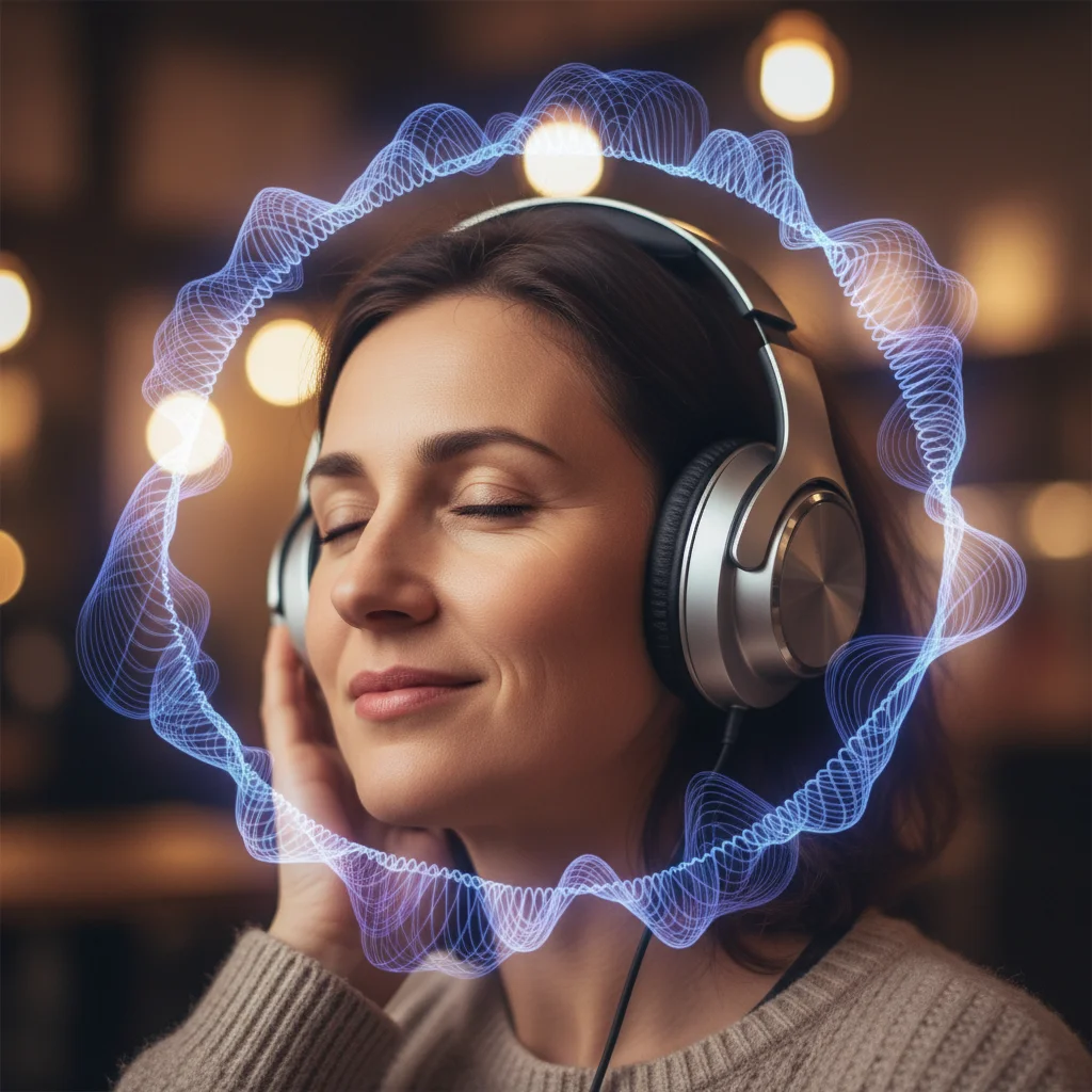 Person enjoying high-fidelity music with wireless headphones, sound waves visible.