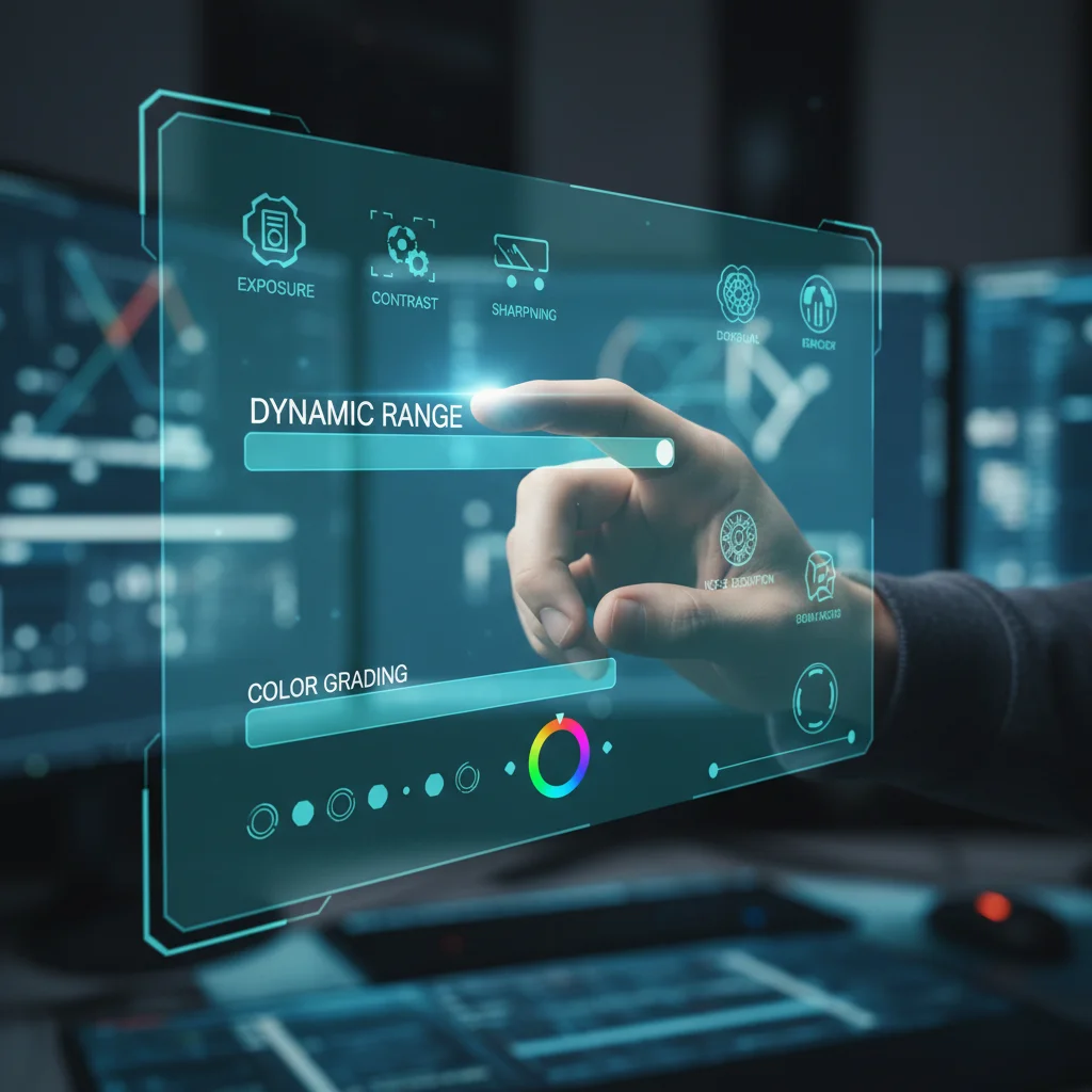 Close-up of a hand interacting with a holographic interface of advanced photo editing tools within the reviewed app.