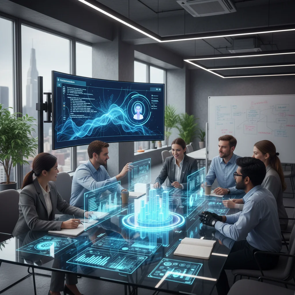 Professionals collaborating with AI tools to enhance workplace efficiency.